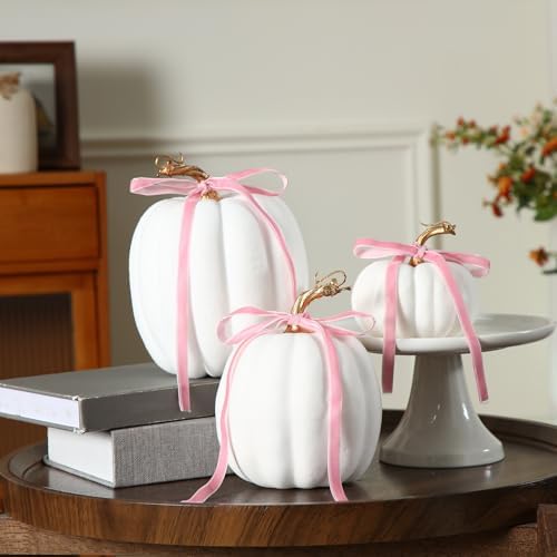 Wesiti 3 Pack Artificial Flocked Pumpkins White