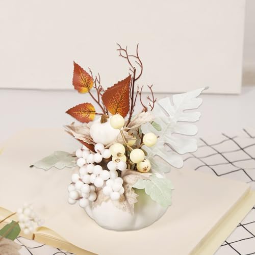 3 Pcs Artificial Pumpkin with Maple Leaf and Berries Fall Table Centerpiece