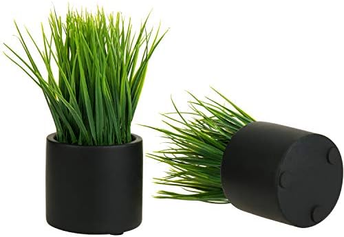 MyGift Artificial Grass Plants in Black Cement Pots Set of 2