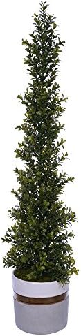 Artificial Boxwood Pencil Topiary in White Gold Grey Ceramic Pot