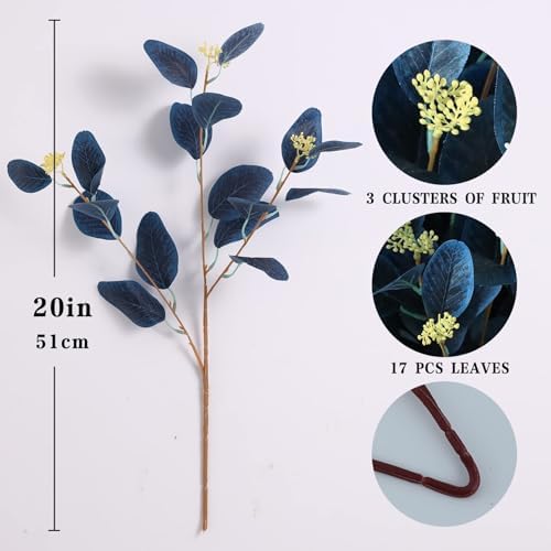 12 Pcs Artificial Eucalyptus Stems with Berries Navy Blue