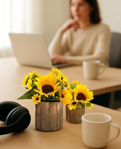 AceList Artificial Sunflowers in Rustic Bark Pots Set of 2