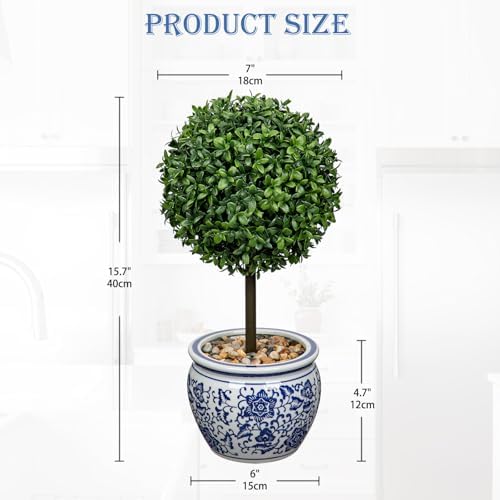 DILATATA Artificial Topiary Boxwood Ball 16 Inch Blue White Ceramic Pot