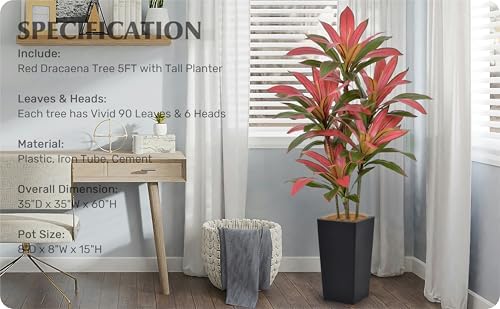 Artificial Red Dracaena Tree 5FT with Gray Tall Planter