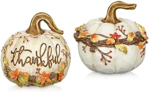 GnFlus Fall Decor 2Pcs White Resin Carved Pumpkins