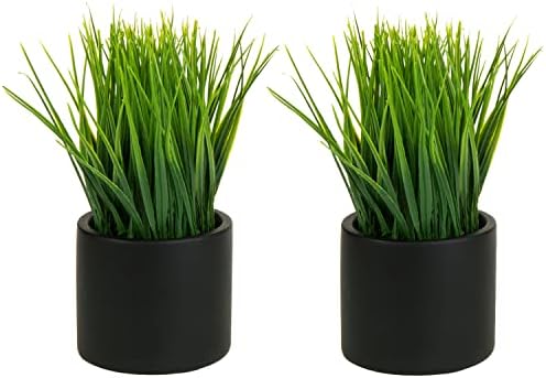 MyGift Artificial Grass Plants in Black Cement Pots Set of 2