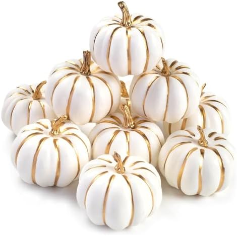 DomeStar 10PCS White Foam Pumpkins with Gold Lines