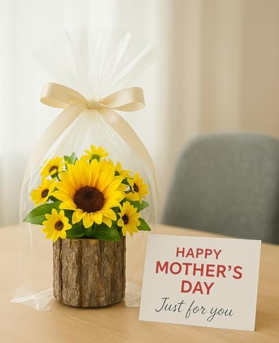 AceList Artificial Sunflowers in Rustic Bark Pots Set of 2