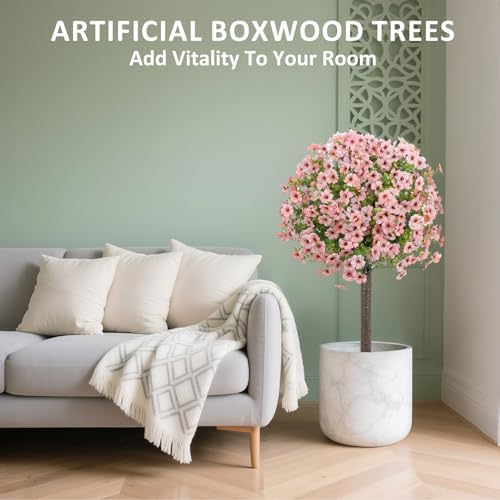 36 Artificial Boxwood Topiary Ball Tree with Violet Flowers 2Pack Pink