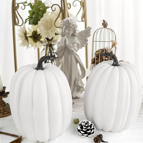 Artmag 8 Inch Artificial White Pumpkins 2PCS Fall Decor