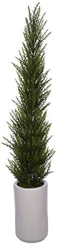 Artificial Cedar Pencil Topiary in White Ceramic Pot