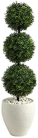 Nearly Natural 35ft Boxwood Triple Ball Topiary Artificial Tree with White Planter