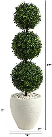 Nearly Natural 35ft Boxwood Triple Ball Topiary Artificial Tree with White Planter