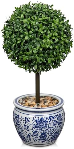 DILATATA Artificial Topiary Boxwood Ball 16 Inch Blue White Ceramic Pot