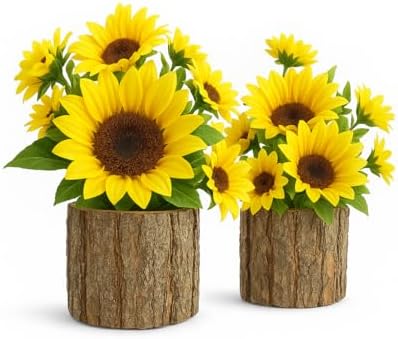 AceList Artificial Sunflowers in Rustic Bark Pots Set of 2