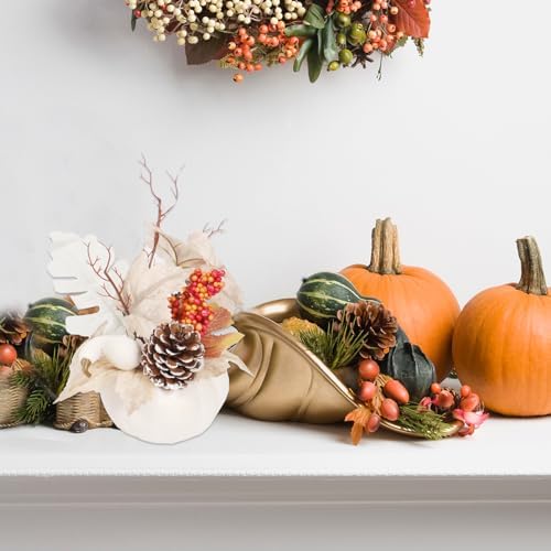 3 Pcs Artificial Pumpkin with Maple Leaf and Berries Fall Table Centerpiece