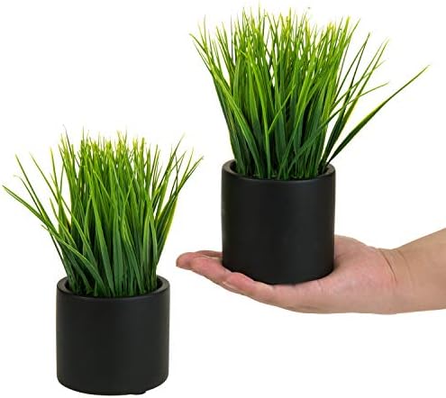 MyGift Artificial Grass Plants in Black Cement Pots Set of 2
