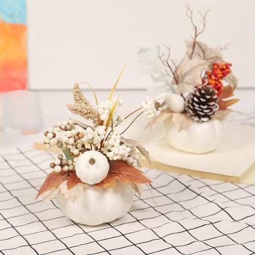 3 Pcs Artificial Pumpkin with Maple Leaf and Berries Fall Table Centerpiece