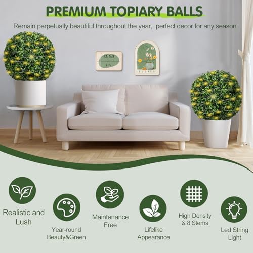 2 Pcs 19 Inch Boxwood Topiary with LED String Lights