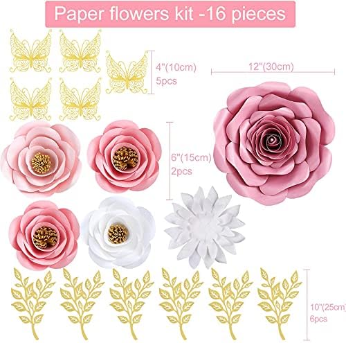 Large 3D Paper Flowers Wall Decor with Gold Butterfly Sticker