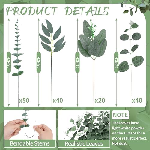 150 Pcs 4 Kinds Mixed Artificial Eucalyptus Leaves Stems Bundle