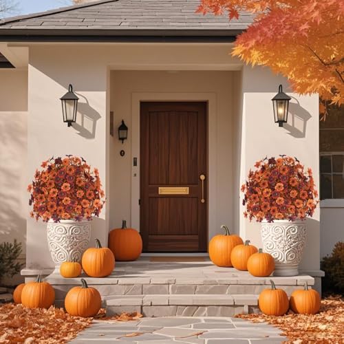 YUGYUM Set of 2 Fall Artificial Mums Flowers Boxwood Topiary