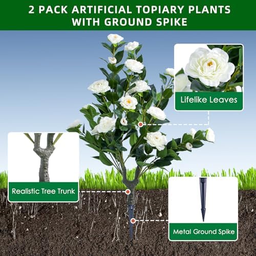 354 Inch Artificial Topiary Tree Set of 2 White Camellia