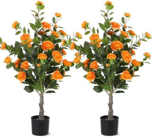 Jexine 2 Pack 40 In Artificial Camellia Tree with Flowers