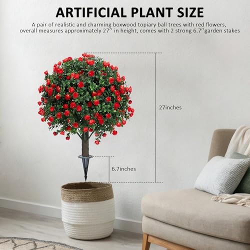 Artificial Boxwood Topiary Ball Trees with Red Flowers 2 Pack