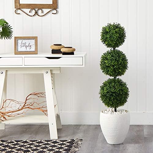 Nearly Natural 35ft Boxwood Triple Ball Topiary Artificial Tree with White Planter