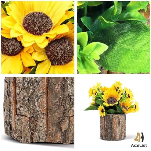AceList Artificial Sunflowers in Rustic Bark Pots Set of 2