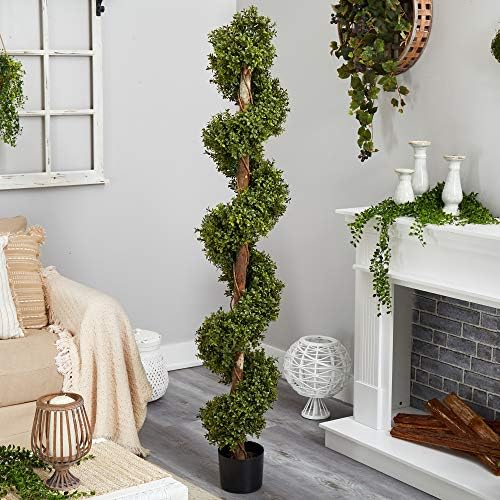 Nearly Natural 6FT Artificial Spiral Boxwood Topiary with Black Planter