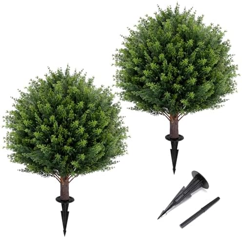 Artificial Cedar Topiary Ball Tree 23 Set of 2 UV Resistant Faux Shrubs