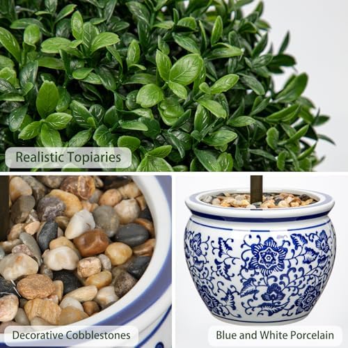 DILATATA Artificial Topiary Boxwood Ball 16 Inch Blue White Ceramic Pot