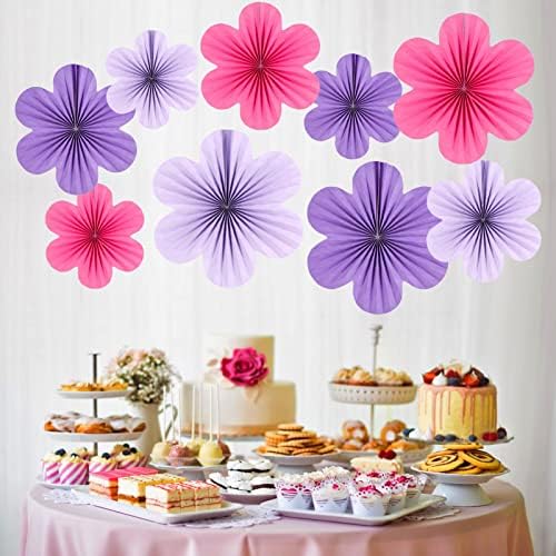 SUNBEAUTY Paper Flower Fans Set of 9 Purple Decorations