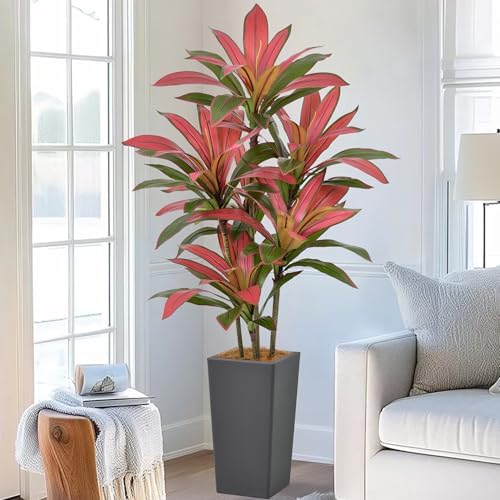 Artificial Red Dracaena Tree 5FT with Gray Tall Planter
