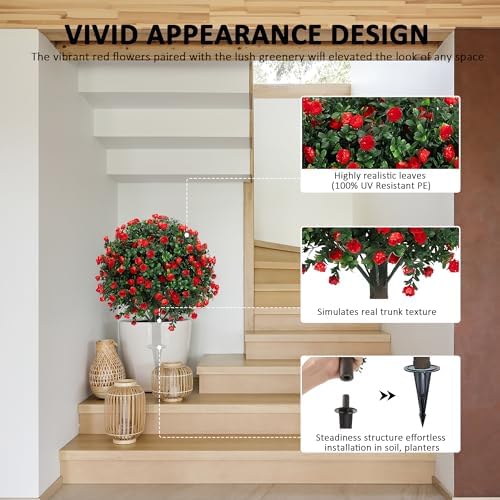 Artificial Boxwood Topiary Ball Trees with Red Flowers 2 Pack