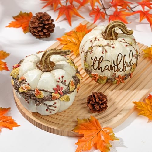 GnFlus Fall Decor 2Pcs White Resin Carved Pumpkins