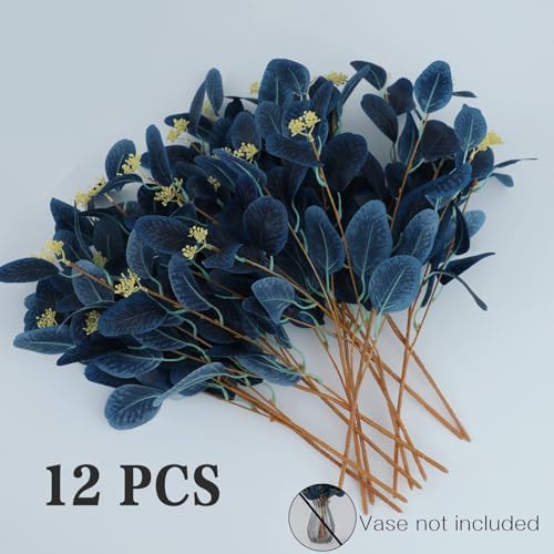 20 Inch Artificial Eucalyptus Stems with Leaves and Berries 12 Pcs Navy Blue