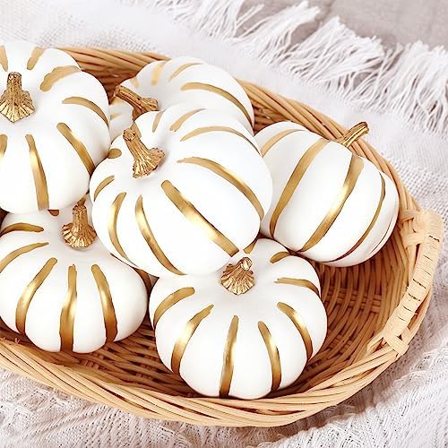 Whaline White Artificial Pumpkins 12Pcs with Gold Edges