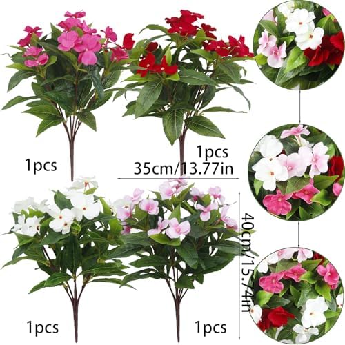 4 Pcs Artificial Impatiens Flowers for Outdoor Decoration