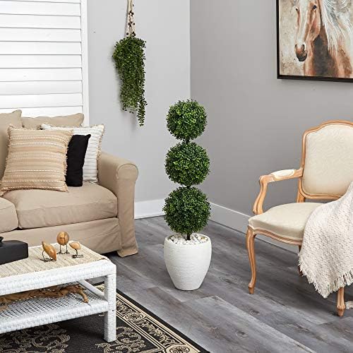 Nearly Natural 35ft Boxwood Triple Ball Topiary Artificial Tree with White Planter