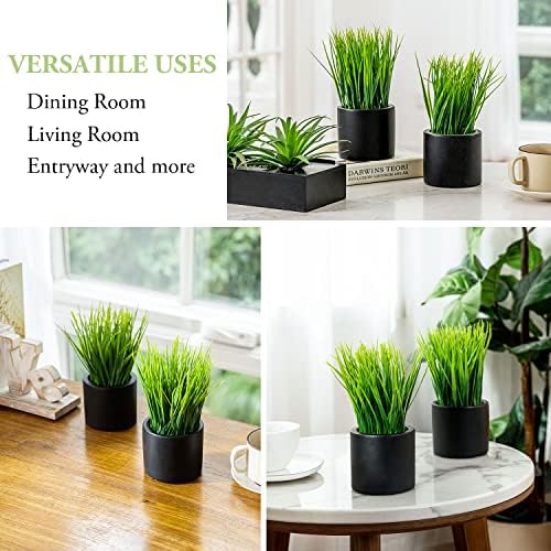 MyGift Artificial Grass Plants in Black Cement Pots Set of 2