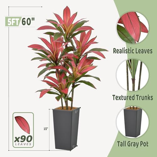 Artificial Red Dracaena Tree 5FT with Gray Tall Planter