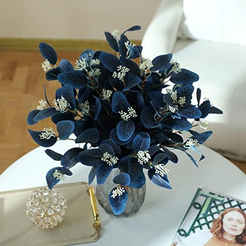20 Inch Artificial Eucalyptus Stems with Leaves and Berries 12 Pcs Navy Blue