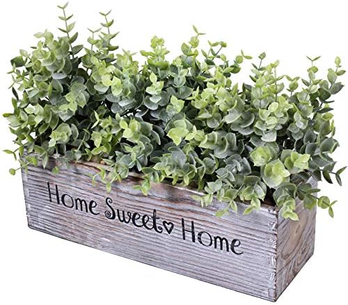 Winlyn 1 Pcs Artificial Eucalyptus Plant in Rectangular Wood Planter Box