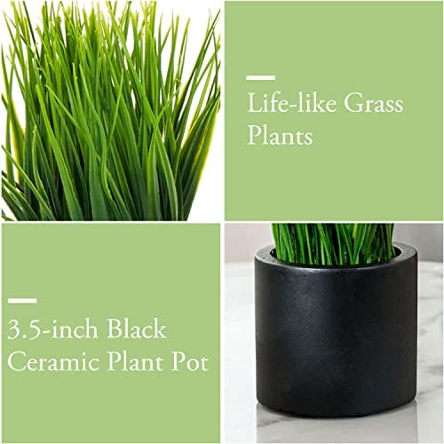 MyGift Artificial Grass Plants in Black Cement Pots Set of 2