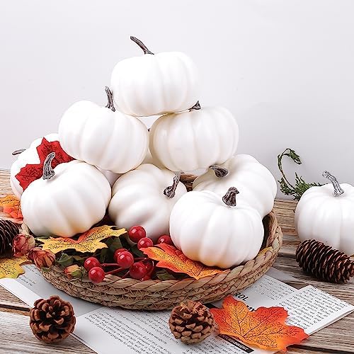 GlyinnHe 12PCS White Artificial Pumpkins for Halloween Decor