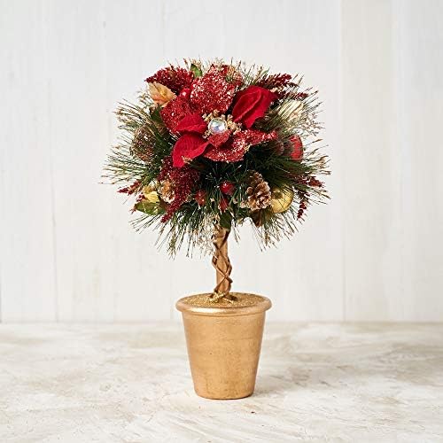 Red Poinsettia Topiary - Glittery Handcrafted Christmas Decor