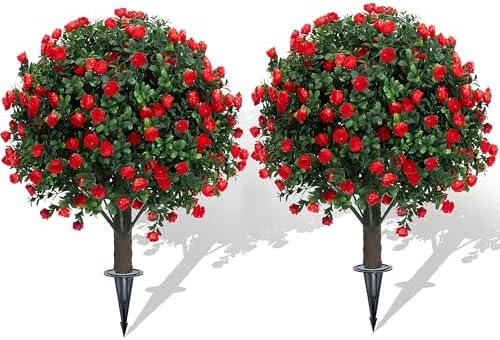 Artificial Boxwood Topiary Ball Trees with Red Flowers 2 Pack